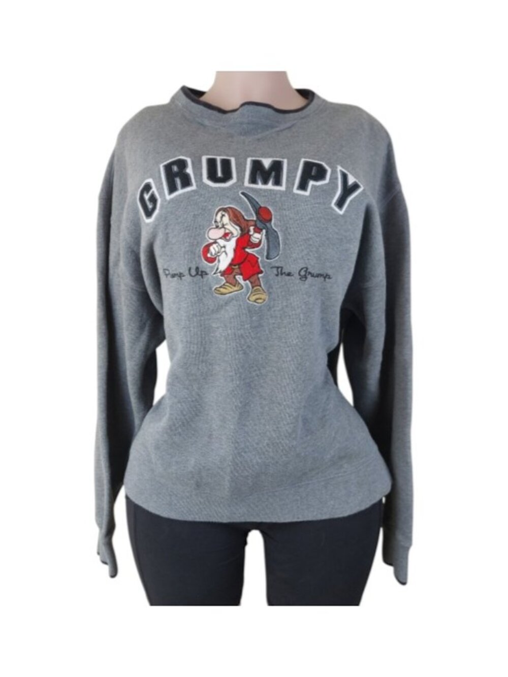 Disney Women's Gray Embroidered Graphic Snow White Grumpy Casual Sweatshirt XL